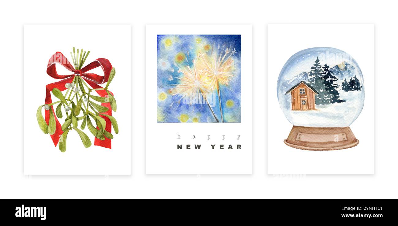 Ensemble aquarelle de trois cartes de Noël avec gui et arc, étincelles, boule à neige avec maison de village Banque D'Images