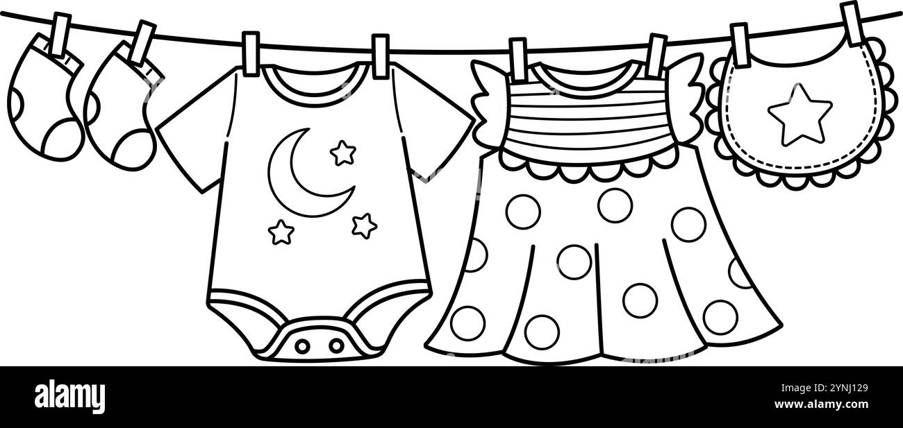 Page de coloration isolée des vêtements suspendus de douche de bébé Illustration de Vecteur