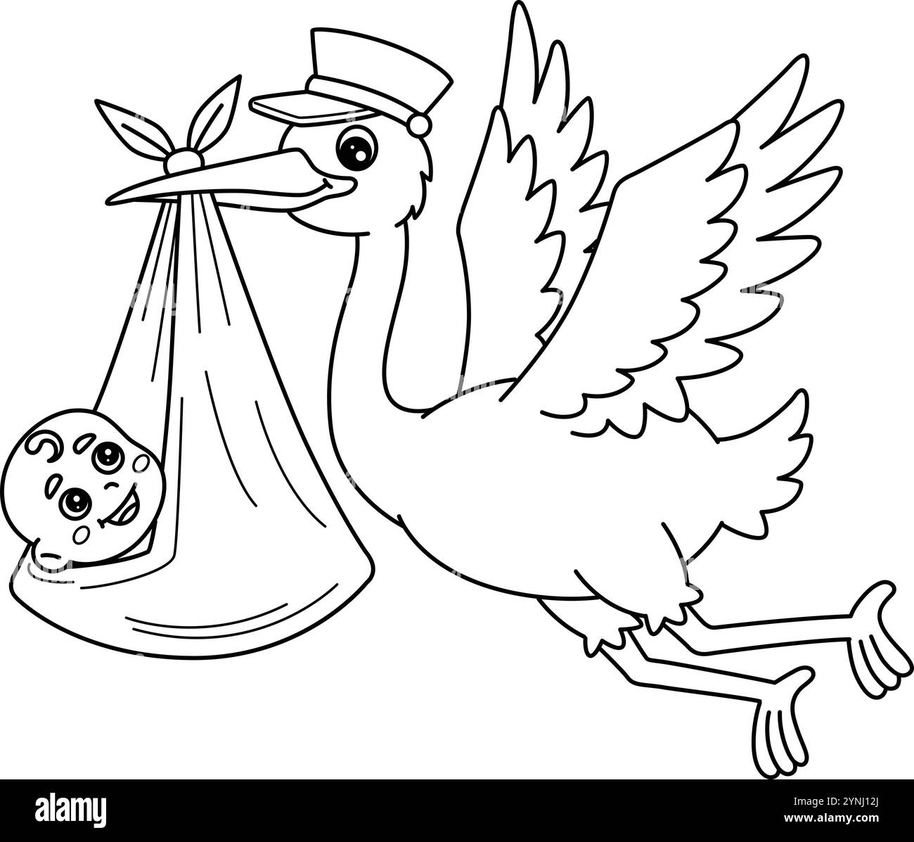 Cigogne de douche de bébé avec page de coloration isolée de bébé Illustration de Vecteur