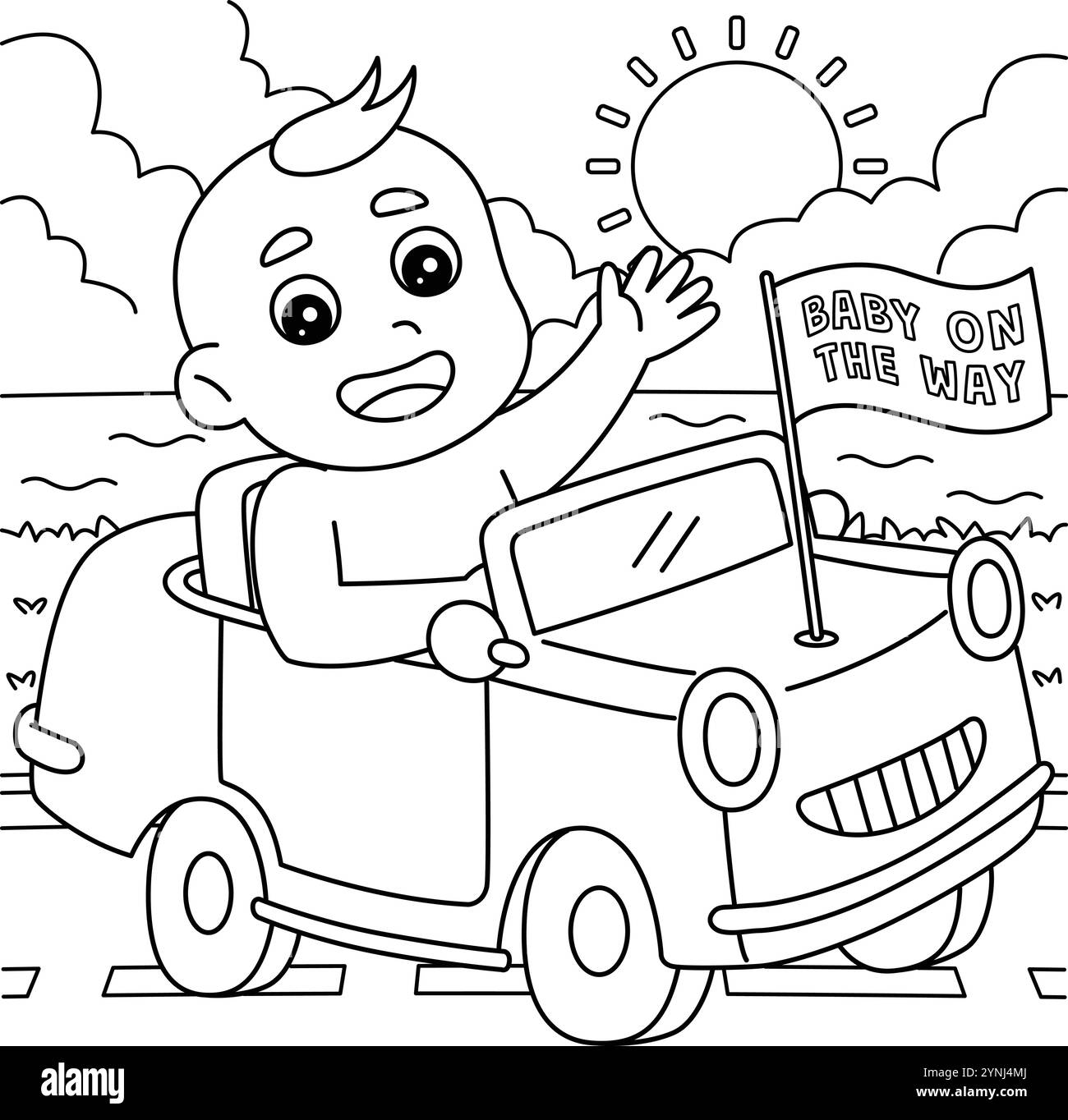 Baby Shower Baby sur la page de coloriage de voiture pour les enfants Illustration de Vecteur