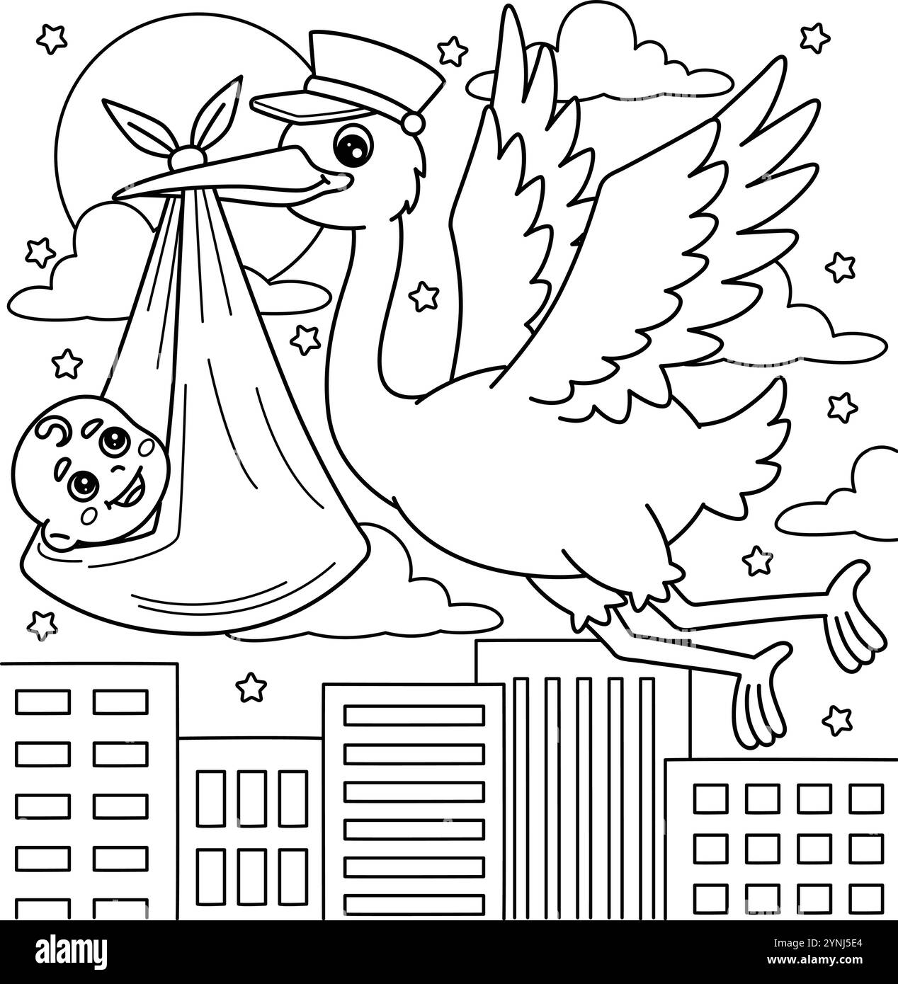 Cigogne de douche de bébé avec page de coloration de bébé pour les enfants Illustration de Vecteur