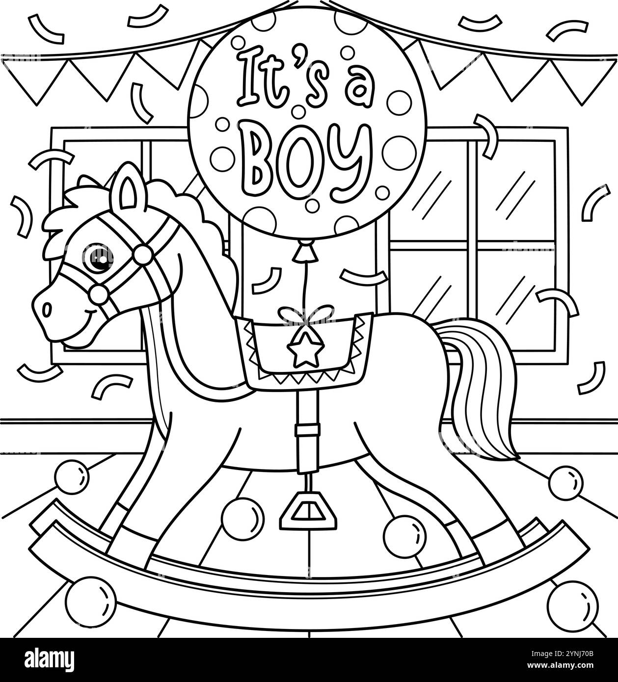 Baby Shower It a Boy Rocking Horse Coloring page Illustration de Vecteur