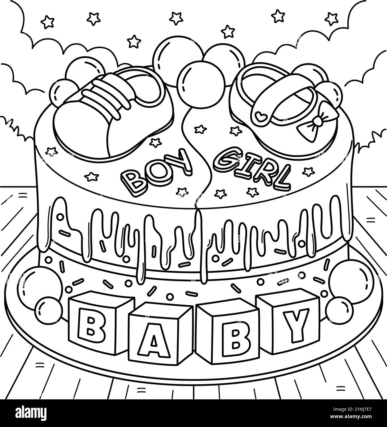 Page de coloration de gâteau de douche de bébé pour les enfants Illustration de Vecteur