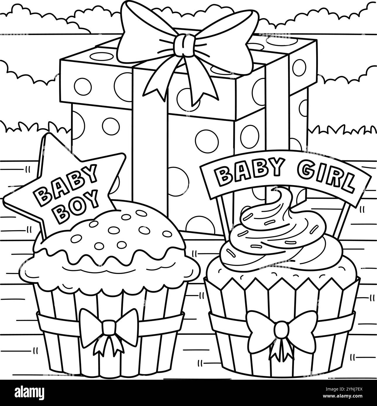 Baby Shower Cupcakes et Gifts Coloring page Illustration de Vecteur