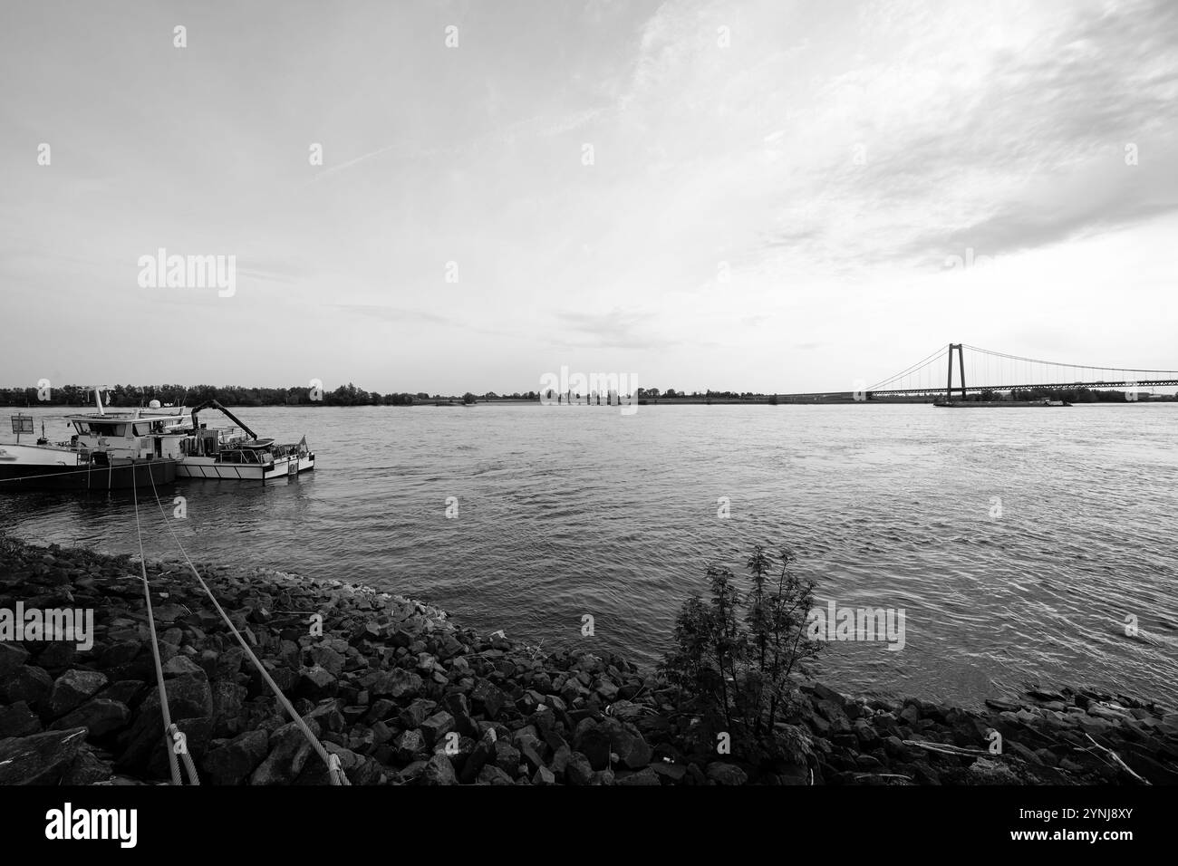 Vue sur le pont du Rhin près d'Emmerich am Rhein. Paysage au bord de la rivière dans la soirée avec un pont suspendu sur le Rhin inférieur. Banque D'Images