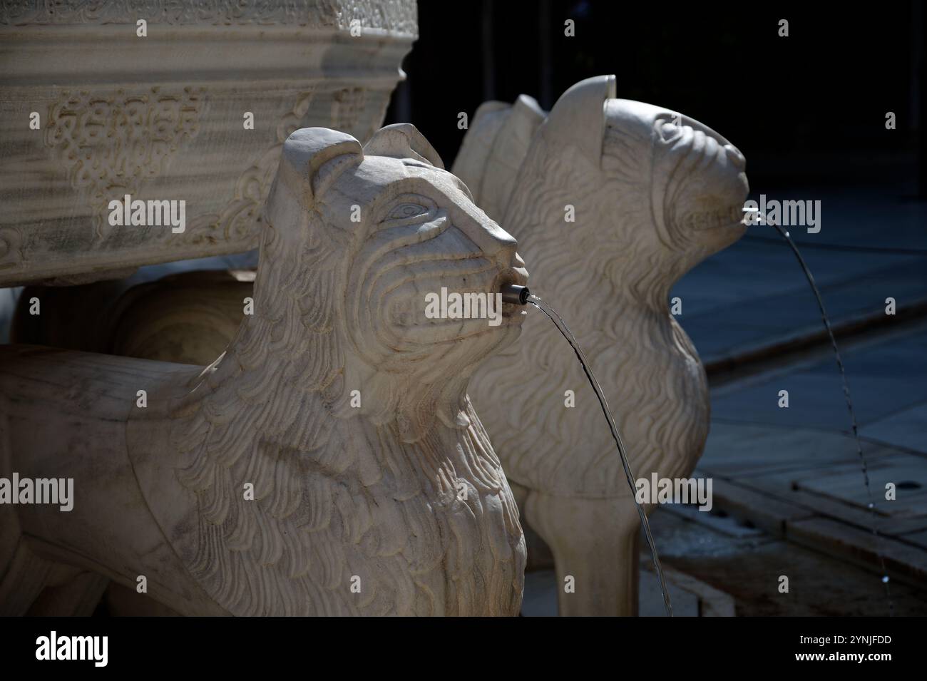 Les sculptures emblématiques de la fontaine du lion dans la Cour des Lions, Alhambra de Grenade Banque D'Images