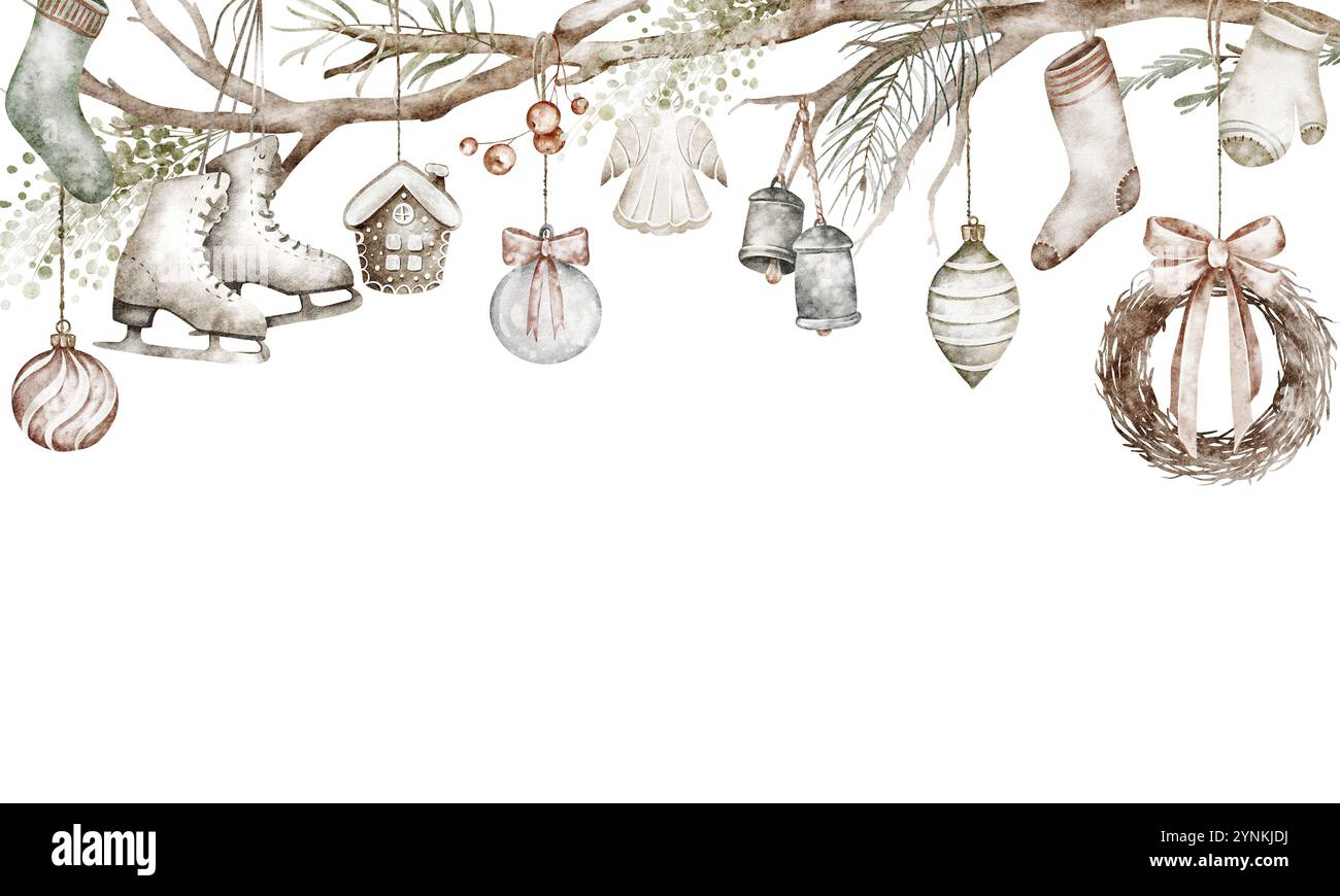 Bordure horizontale de Noël avec décorations suspendues. Bannière vintage de Noël dessinée à la main. Chaussettes à l'ancienne, mitaines, patins, cloches sur un dos isolé Banque D'Images