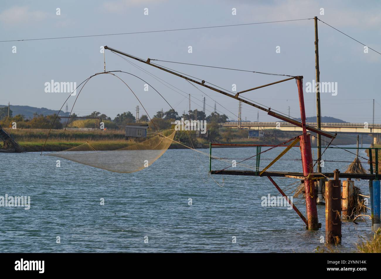 Un filet de pêche traditionnel sur un tacle s'étend à travers la rivière Cornia, montrant les pratiques de pêche rurale, paysage marécageux tranquille, Piombino, Italie Banque D'Images