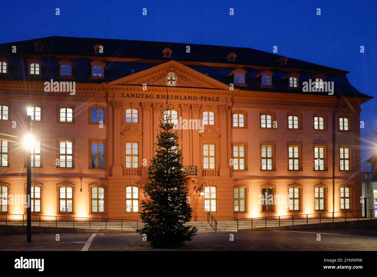 Aussenansicht des Landtag von Rheinland-Pfalz mit Weihnachtsbaum davor 26.11.24 *** vue extérieure du parlement de l'État de Rhénanie-Palatinat avec arbre de Noël devant 26 11 24 Banque D'Images