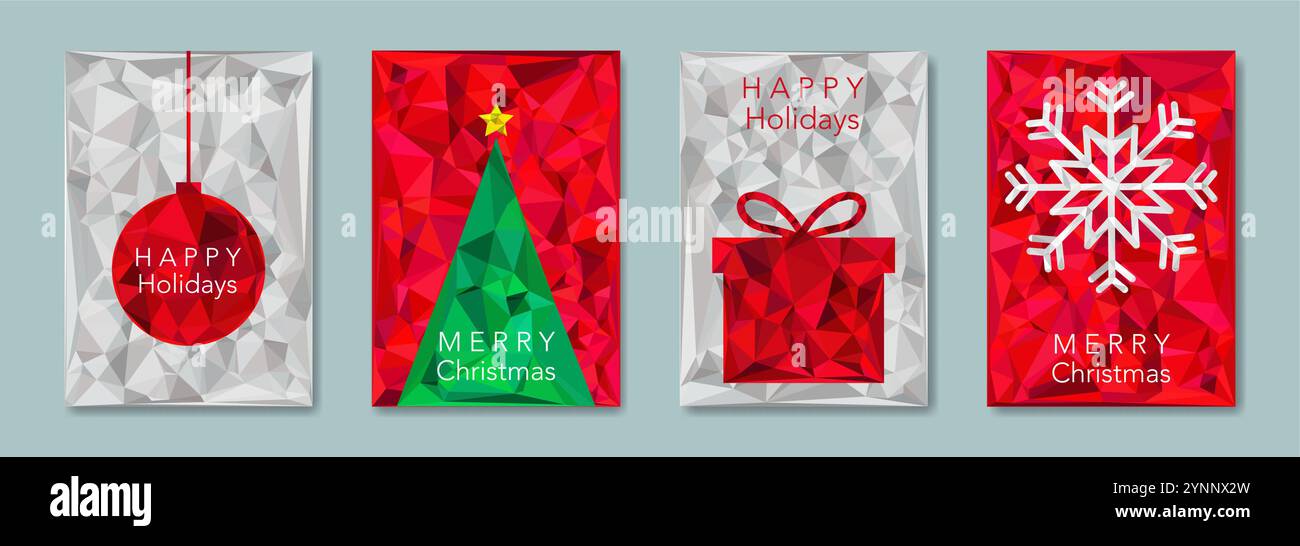 Set carte de Noël dans le style moderne minimaliste géométrique bas poly, fonds de papier rouge et blanc, éléments pour calendrier et cartes de voeux ou heureux Illustration de Vecteur