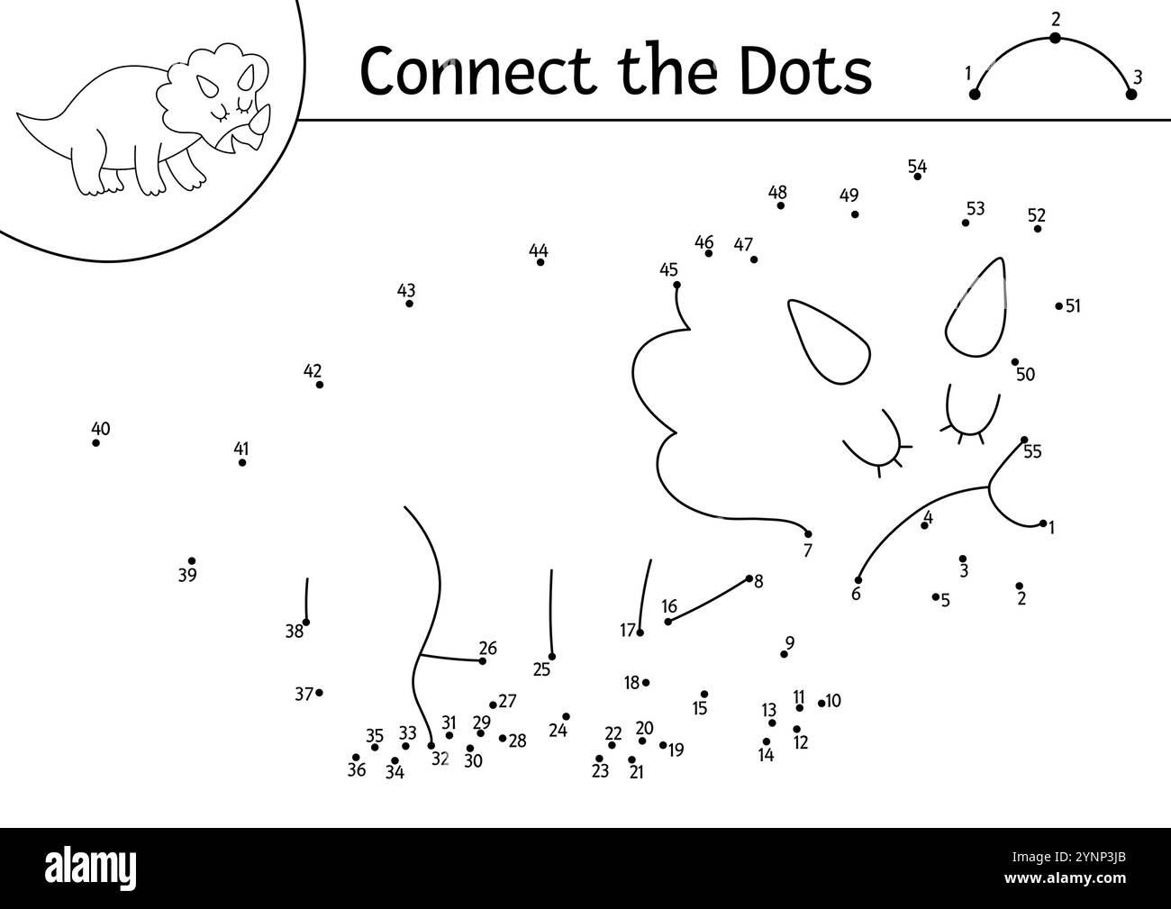 Vecteur noir et blanc point à point et activité couleur avec triceratops. Dinosaure connecter le jeu de points, coloriage. Que joindre le travail imprimable par points Illustration de Vecteur