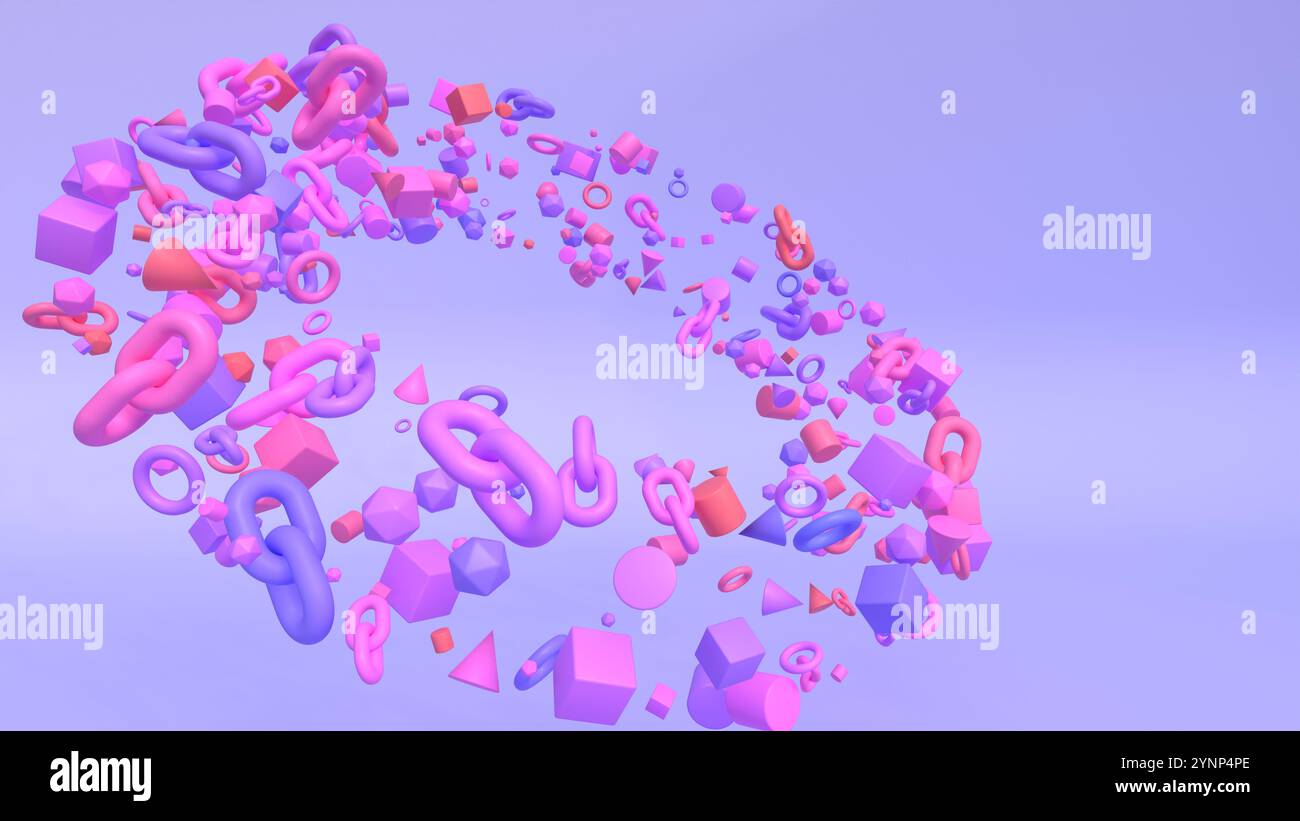 rendu 3d de la forme de tore faite de nombreuses formes colorées différentes avec fond violet Banque D'Images