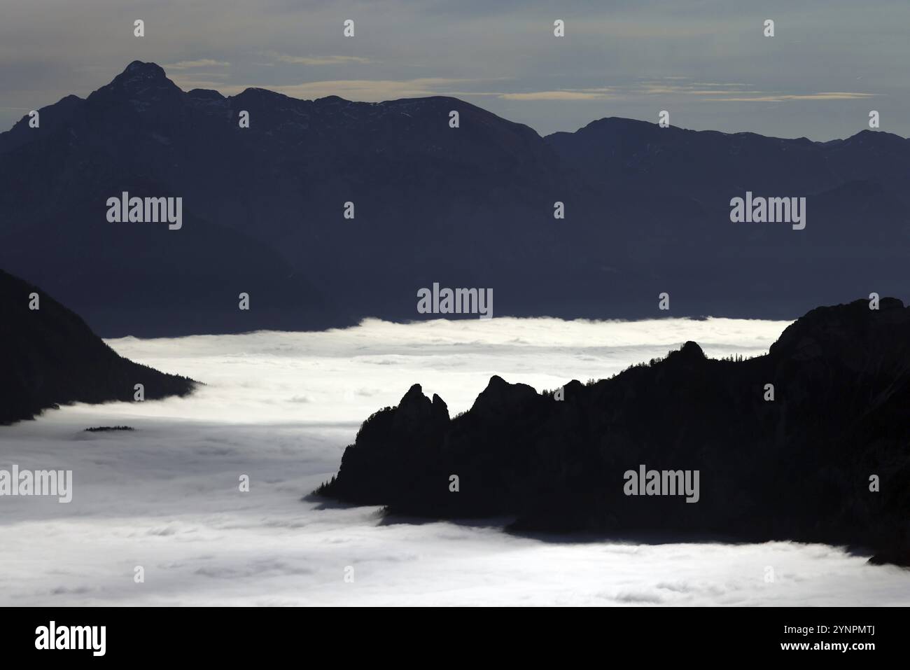 La sorcière endormie dans un lit de nuages, silhouette des tours Rotofen au-dessus d'une couverture fermée de brouillard, Lattengebirge, Alpes de Berchtesgaden, haute Bavari Banque D'Images