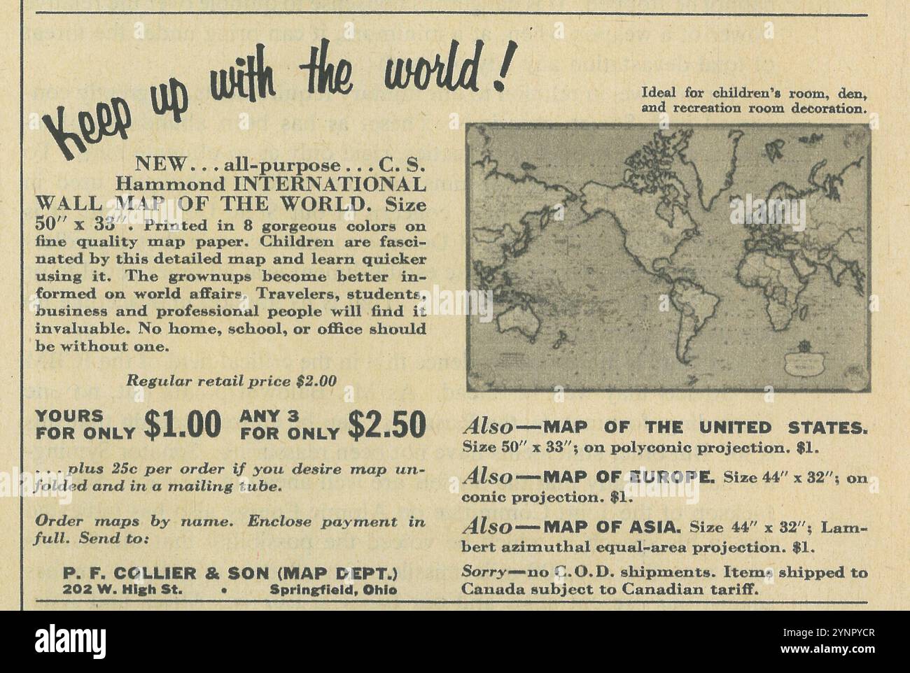 1956 Hammond International Wall Map of the World ad - collier & son Map Dept Banque D'Images