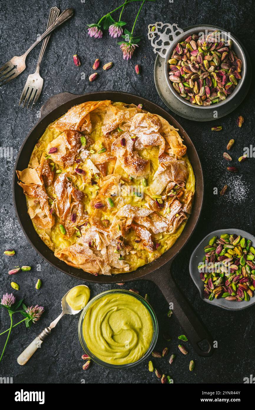 Plan de tête de poêle en fonte avec tarte phyllo à volants avec crème à la pistache, surmonté de sucre glace et de noix écrasées, pot de crème à la pistache et Banque D'Images