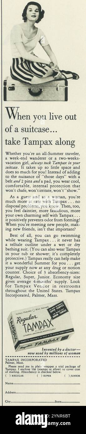 1955 annonce Tampax - 'quand vous vivez dans une valise... emmenez Tampax le long' Banque D'Images