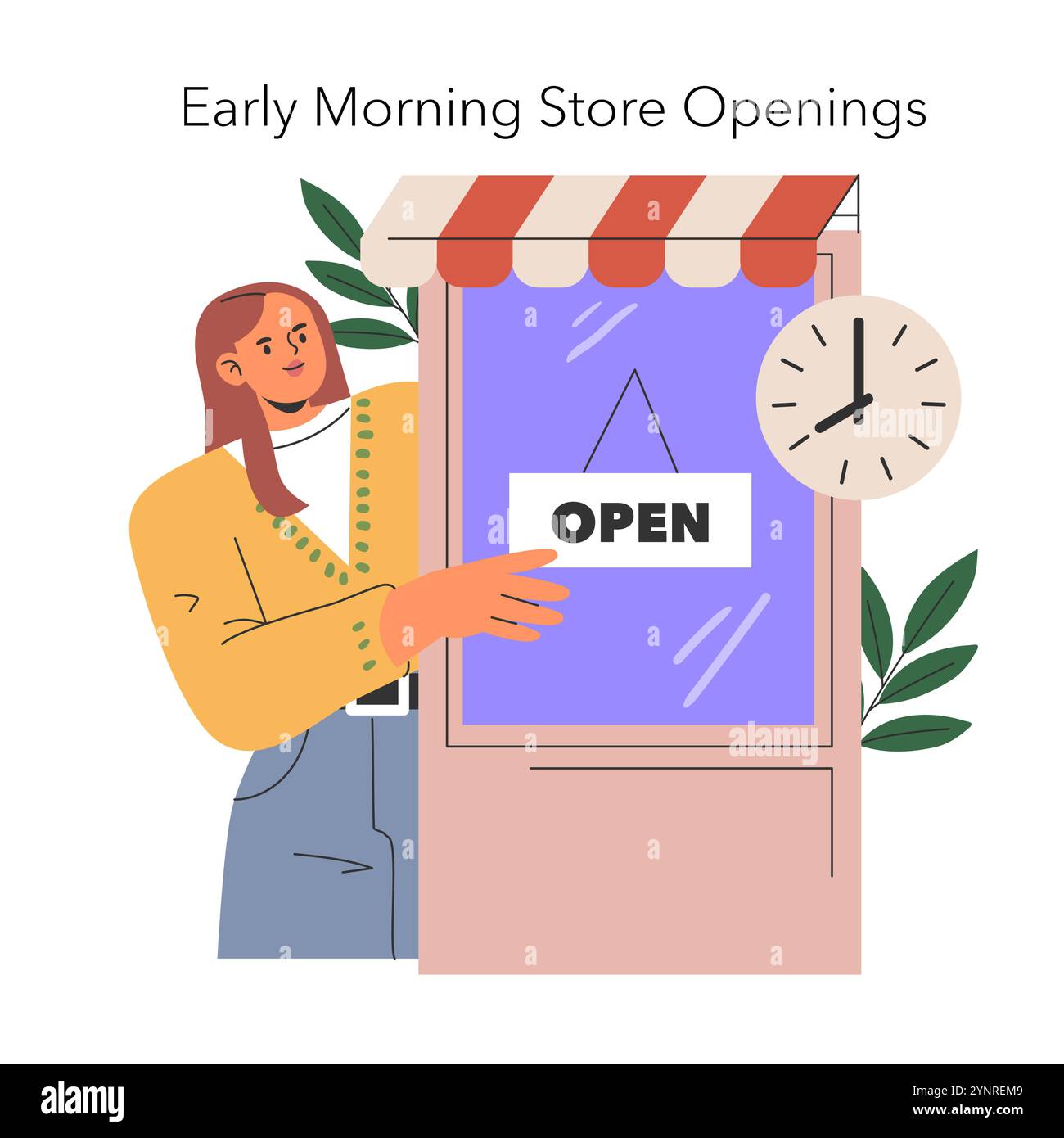 Concept d'ouverture de vente au détail. Le commerçant tourne l'affiche ouverte tôt le matin pour accueillir les clients. Préparation du magasin aux activités commerciales. Illustration vectorielle. Illustration de Vecteur