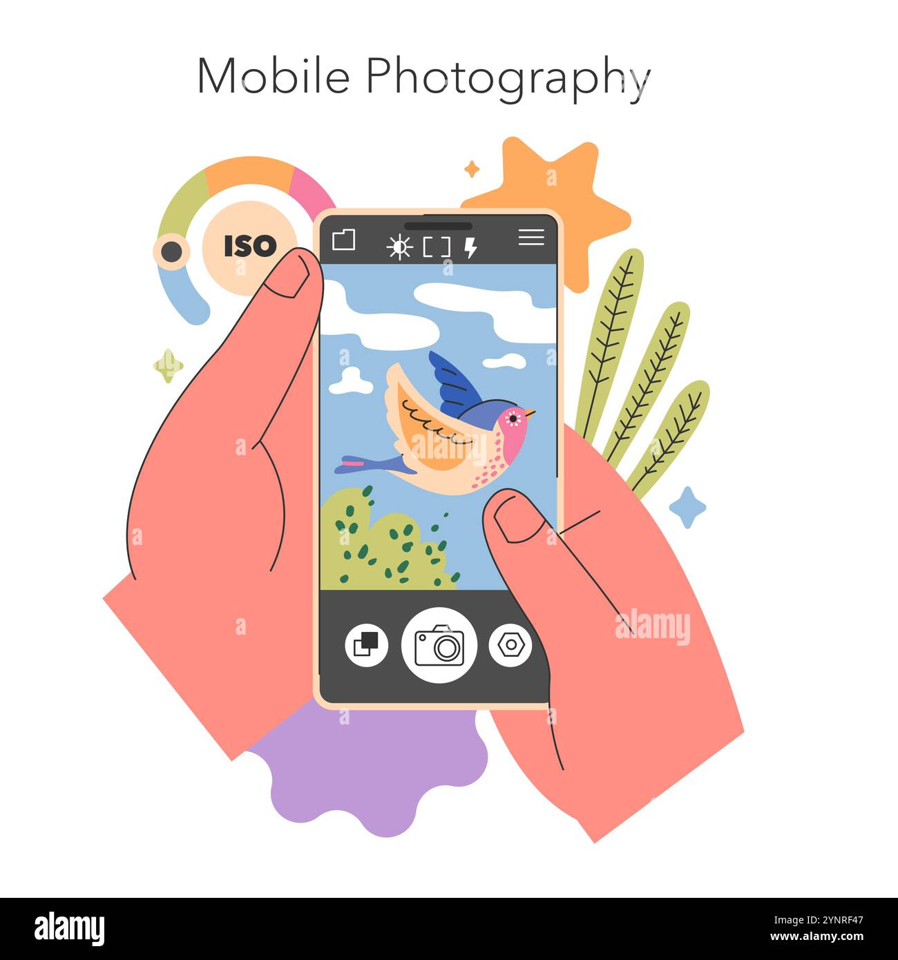 Concept Hobbies Gen Z. Main tenant un smartphone capturant un oiseau coloré, symbolisant la tendance de la photographie mobile. Illustration vectorielle. Illustration de Vecteur