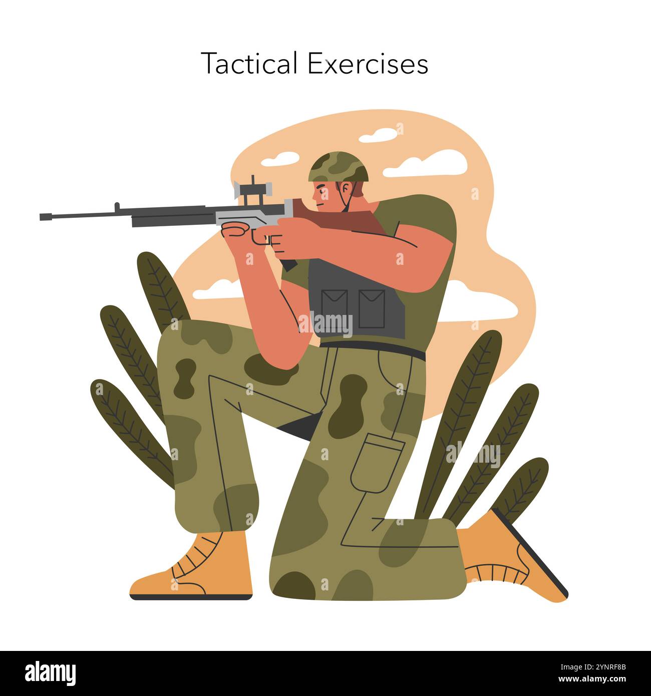 Concept d'entraînement militaire. Soldat en tenue de camouflage visant un fusil pendant un exercice tactique. Préparation, amélioration des compétences et discipline dans la formation des forces armées. Illustration vectorielle. Illustration de Vecteur