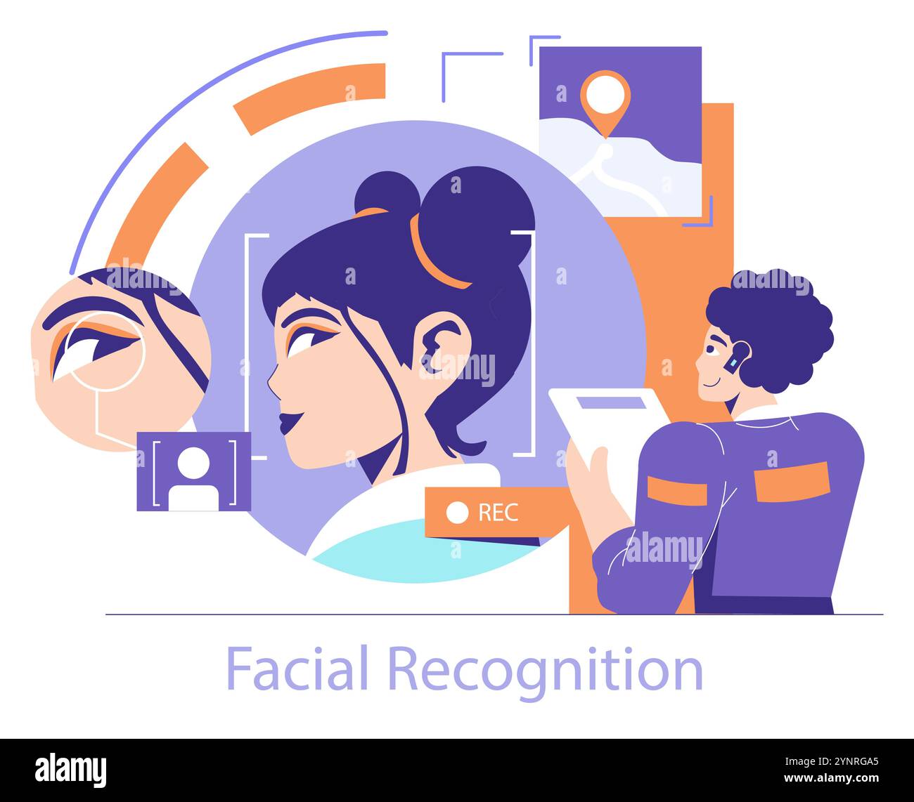 Concept de technologie de reconnaissance faciale. Illustration de l'identification numérique et de la sécurité. Méthodes modernes d'authentification biométrique. Illustration vectorielle. Illustration de Vecteur