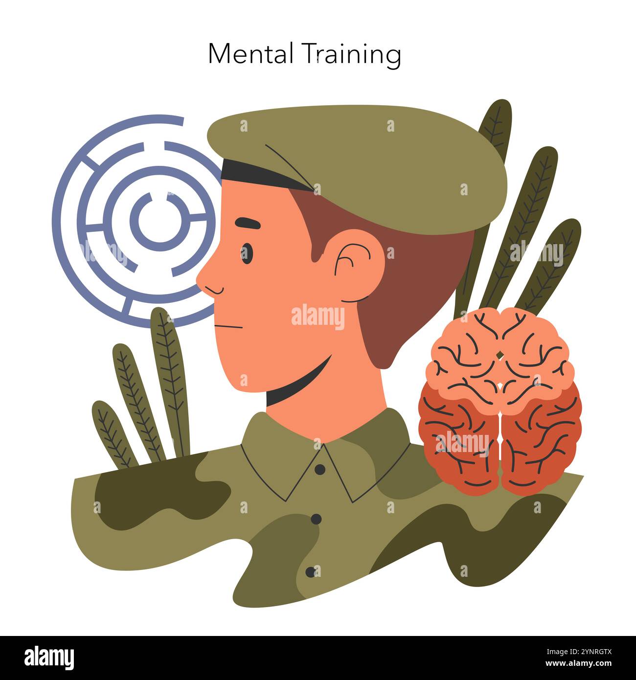 Concept d'entraînement mental. Profil de soldat avec un cerveau représentant la préparation psychologique pour des scénarios militaires. Concentration, stratégie, résilience. Illustration vectorielle. Illustration de Vecteur