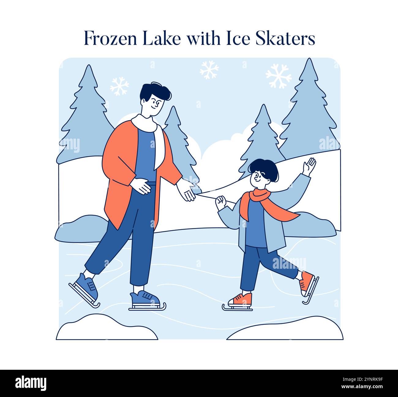 Concept de loisirs hivernaux. Un adulte et un enfant apprécient le patinage sur glace sur un lac gelé au milieu de flocons de neige et de pins. Activité extérieure saisonnière. Illustration vectorielle. Illustration de Vecteur