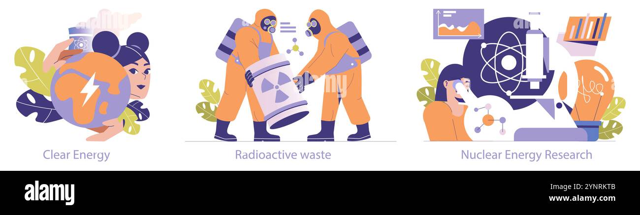Groupe d'énergie nucléaire. Production d'énergie sûre, traitement des déchets dangereux et recherche atomique avancée. Electricité propre, protocoles de protection, innovation en science nucléaire. Illustration vectorielle. Illustration de Vecteur