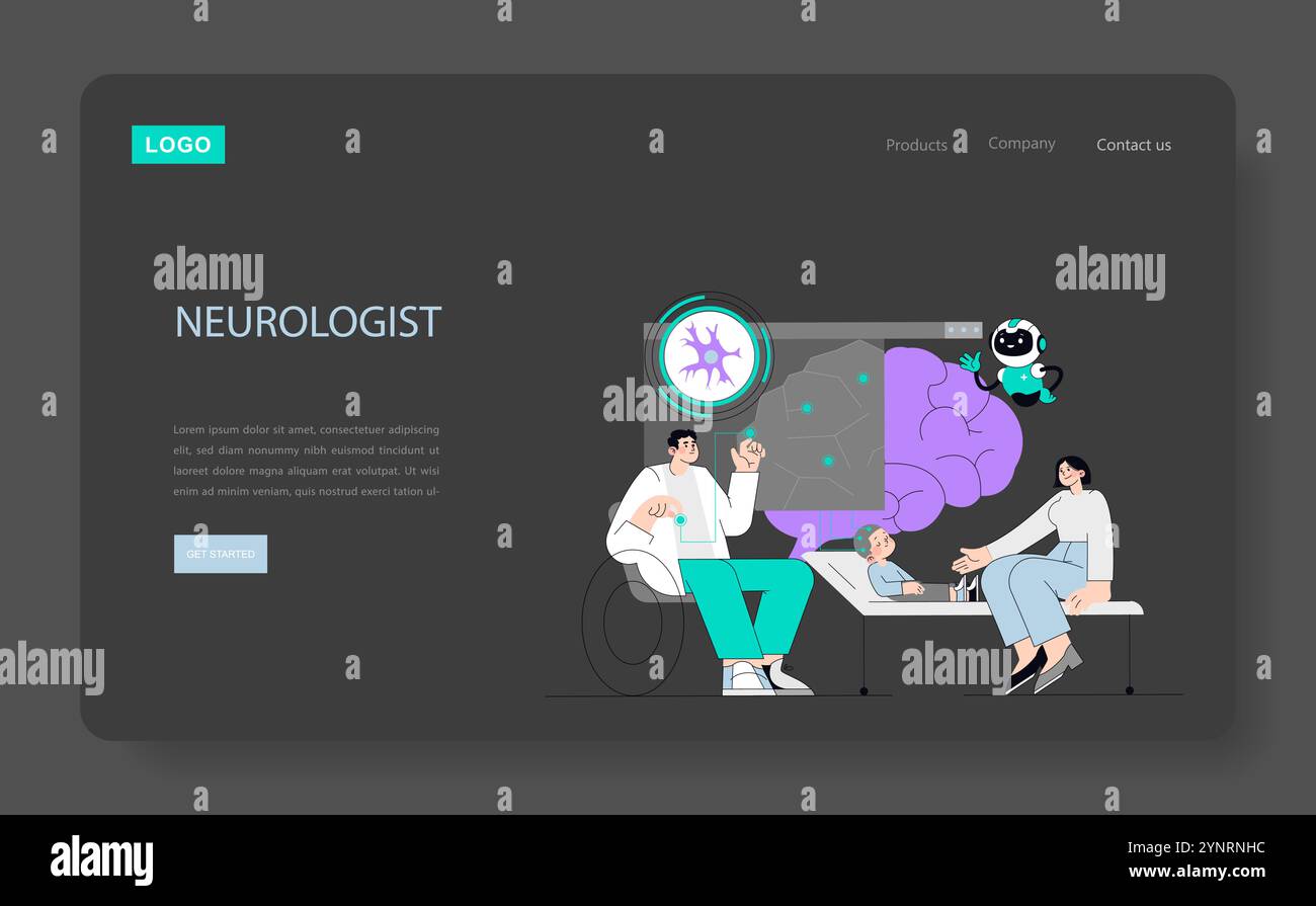 Concept neurologue. Un médecin examinant les fonctions cérébrales d'un enfant avec une technologie et des soins engageants. Visite médicale adaptée aux enfants. Illustration vectorielle. Illustration de Vecteur