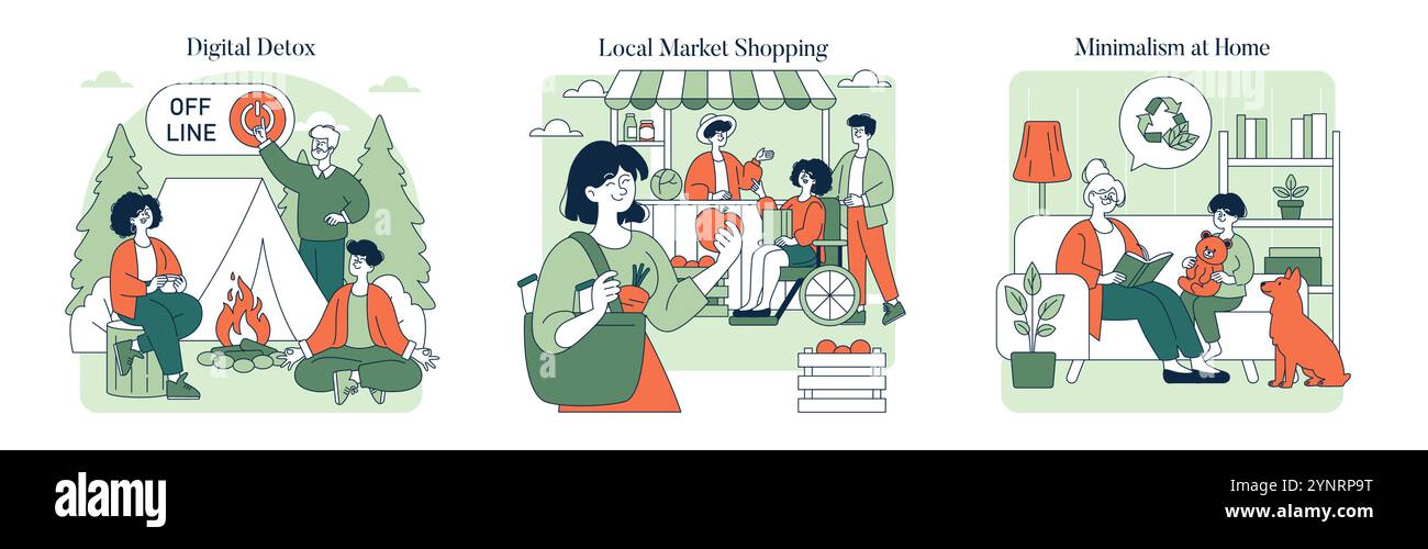 Kit de consommation consciente. Pratiques de vie durable illustrées par le camping détox numérique, le shopping sur le marché local et le minimalisme à la maison. Illustration vectorielle. Illustration de Vecteur