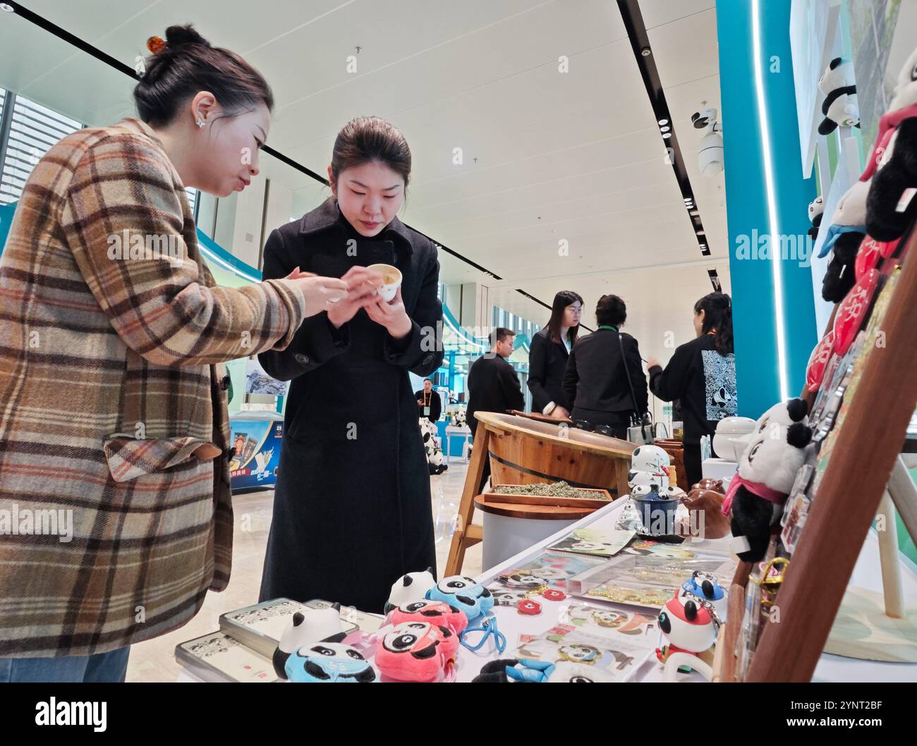 Chengdu, province chinoise du Sichuan. 26 novembre 2024. Un visiteur découvre les produits culturels et créatifs de la ville de ya'an lors de la conférence Global Panda Partners 2024 à Chengdu, dans la province du Sichuan, au sud-ouest de la Chine, le 26 novembre 2024. L'événement s'est ouvert mardi sur le thème 'coexistence harmonieuse entre l'homme et la nature'. Crédit : Jiang Hongjing/Xinhua/Alamy Live News Banque D'Images