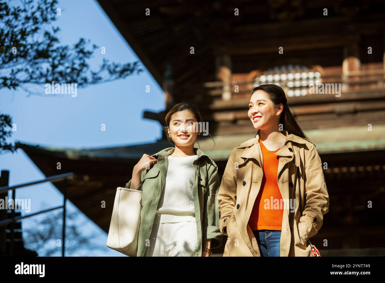 Deux femmes dans la vingtaine descendant les marches du temple Banque D'Images