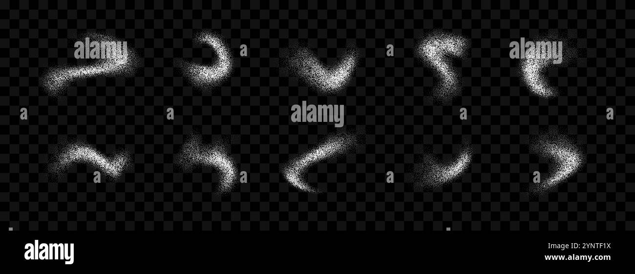 Collection éclaboussures de poudre blanche. Ensemble de texture de pulvérisation de grain grunge. Paquet de taches de brosse incurvées à pointillés et bavures. Faisceau de recouvrement par éclaboussures de bruit de sable. Formes abstraites à gradient de grain fluide pointillé. Vecteur Illustration de Vecteur