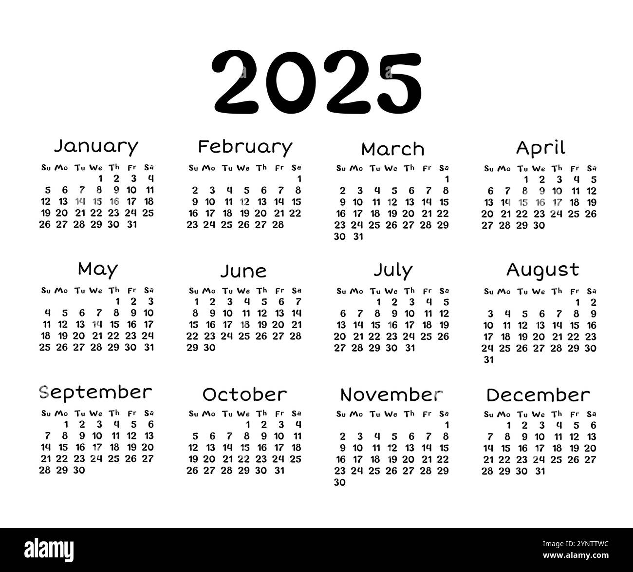 2025 modèle de calendrier minimal. Grille de calendrier avec police funky Illustration de Vecteur