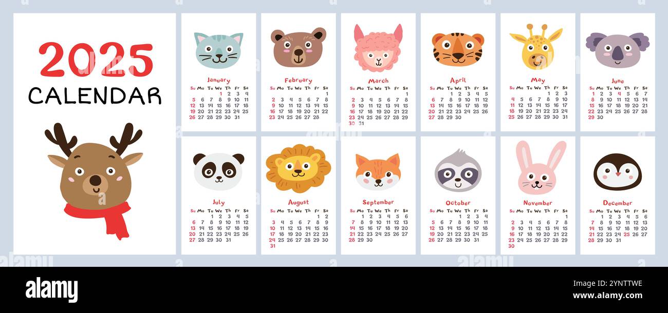 calendrier 2025 avec des animaux mignons. Calendrier annuel du planificateur avec tous les mois. Illustration de Vecteur