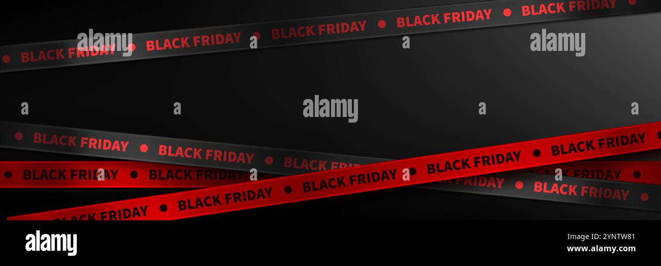 Fond sombre avec des rubans cramoisis diagonaux avec motif de texte Black Friday. Ruban rouge et noir avec affiche de solde pour bannière promotionnelle saisonnière, annonce de marketing au détail ou d'événement commercial. Illustration de Vecteur