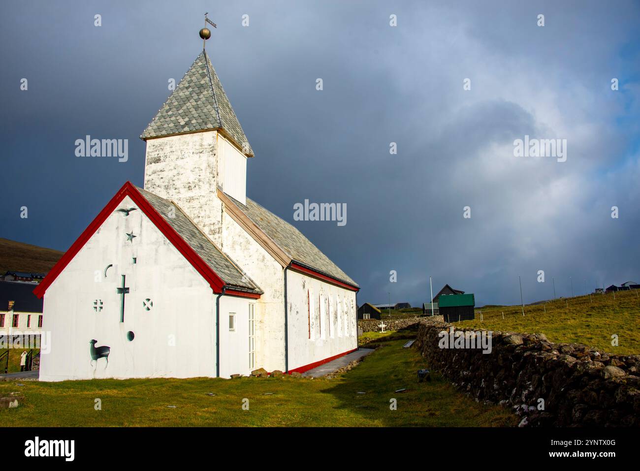 Église Vidareidi - Îles Féroé Banque D'Images