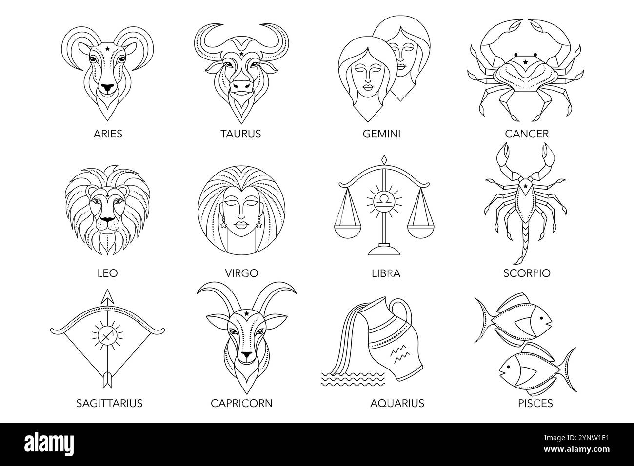 Collection de signes du zodiaque dans le style art au trait. Illustration de Vecteur