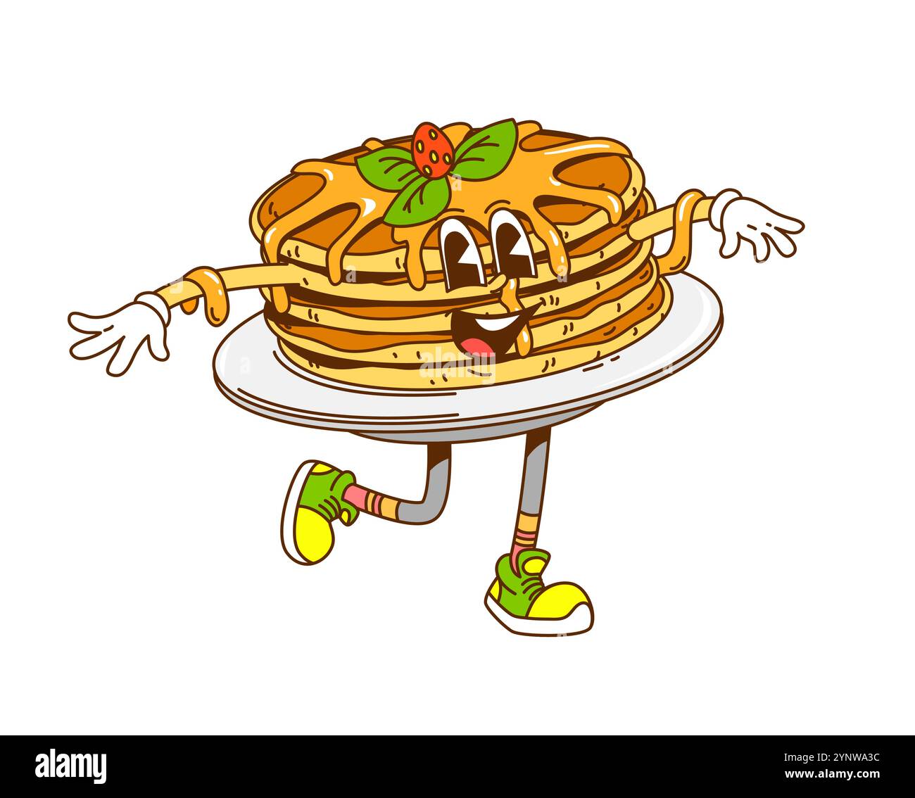 Pile groovy de crêpes de dessin animé rétro avec sirop et personnage de fast food hippie à la fraise ajoutant une ambiance ludique et douce au petit déjeuner. Vecteur isolé charmant et charmant personnage de pâtisserie maison Illustration de Vecteur