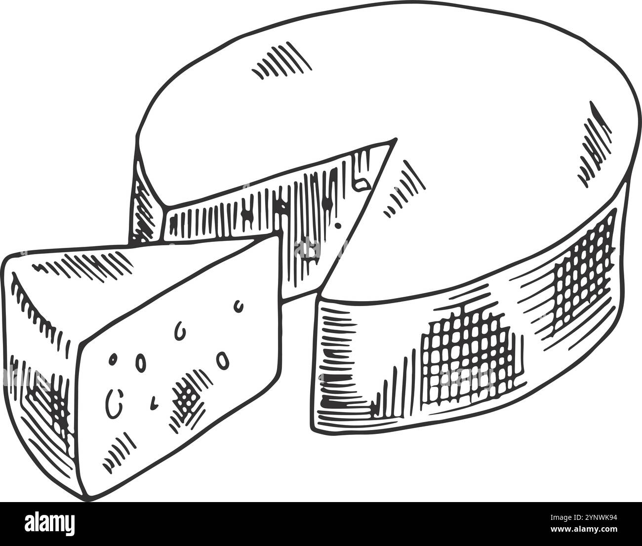 Une tranche de fromage est découpée dans une grande meule de fromage. Le dessin est en noir et blanc Illustration de Vecteur