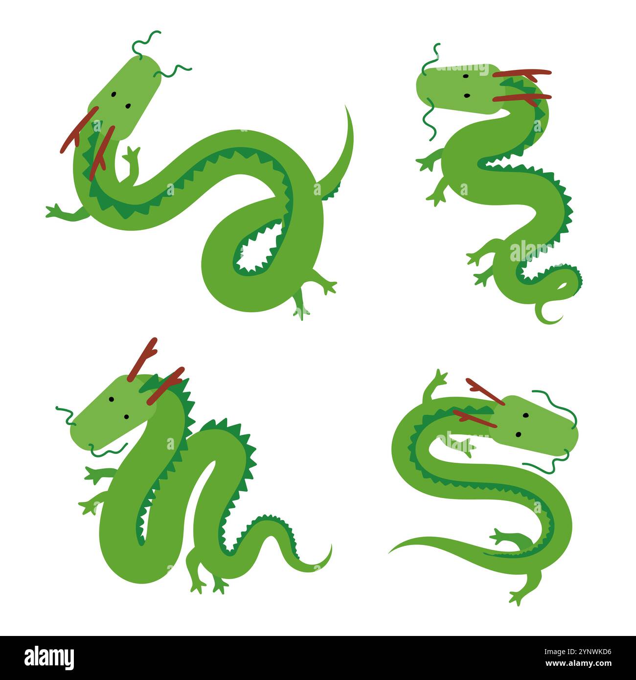 Jolie collection de dragons longs verts chinois Illustration de Vecteur