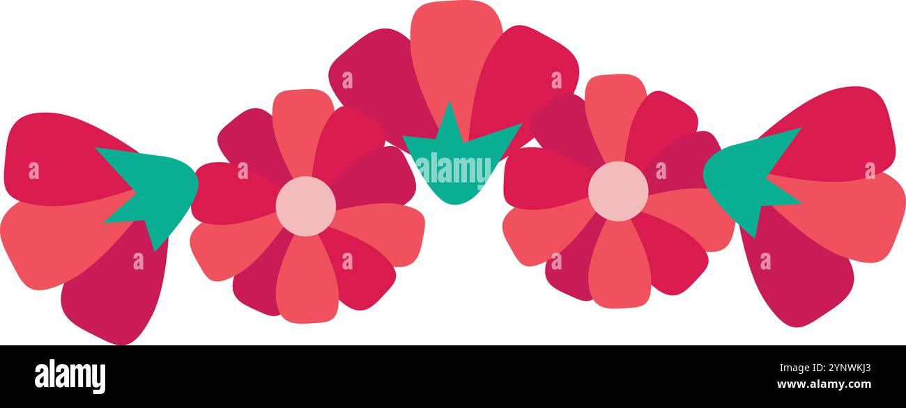 Un arrangement floral avec trois fleurs rouges et des feuilles vertes. Les fleurs sont disposées en rangée et sont de tailles différentes. L'arrangement est colorfu Illustration de Vecteur