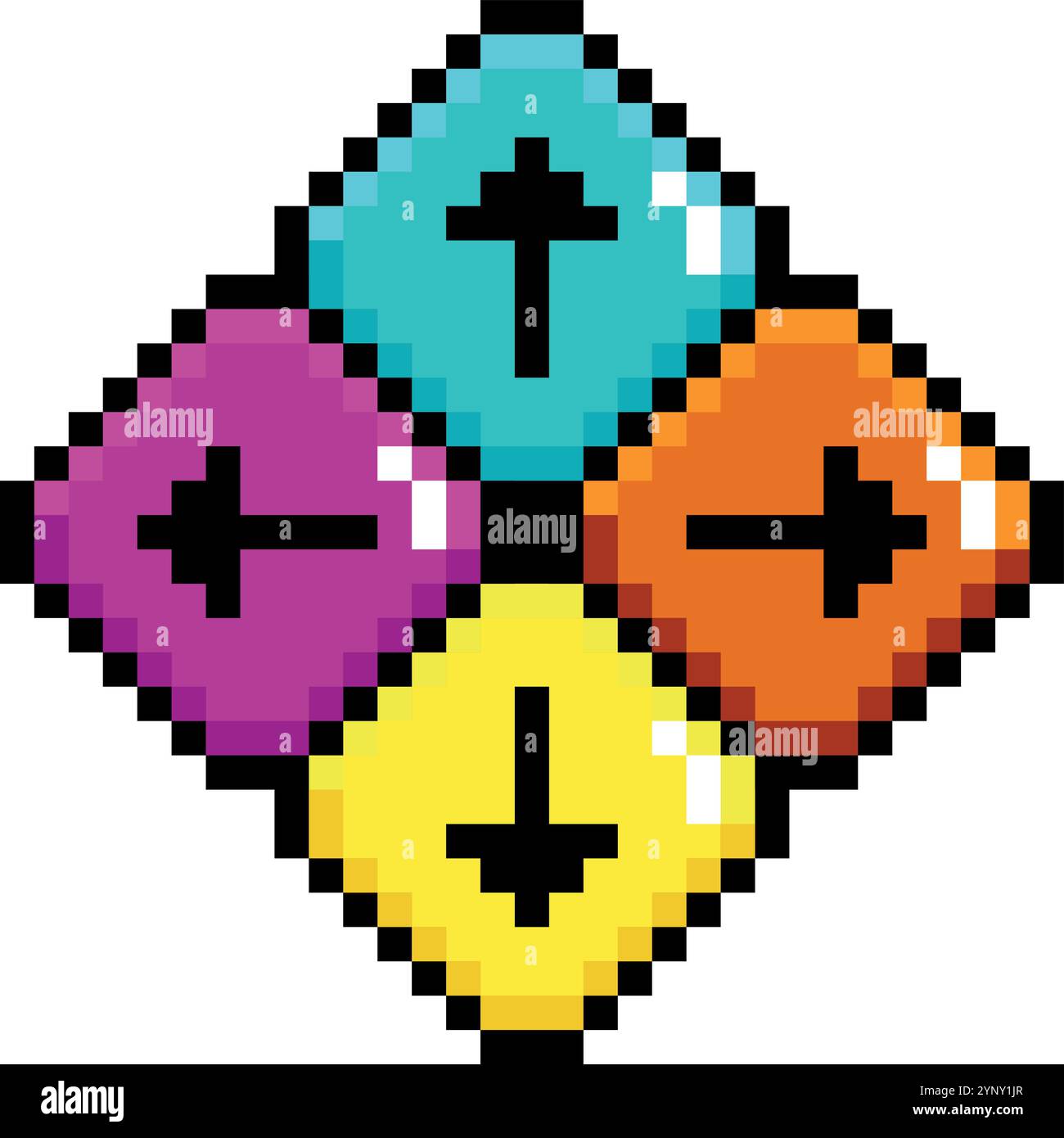 Un carré pixélisé coloré avec quatre carrés de couleurs différentes et des flèches pointant vers le bas. Les carrés sont disposés en forme de losange Illustration de Vecteur