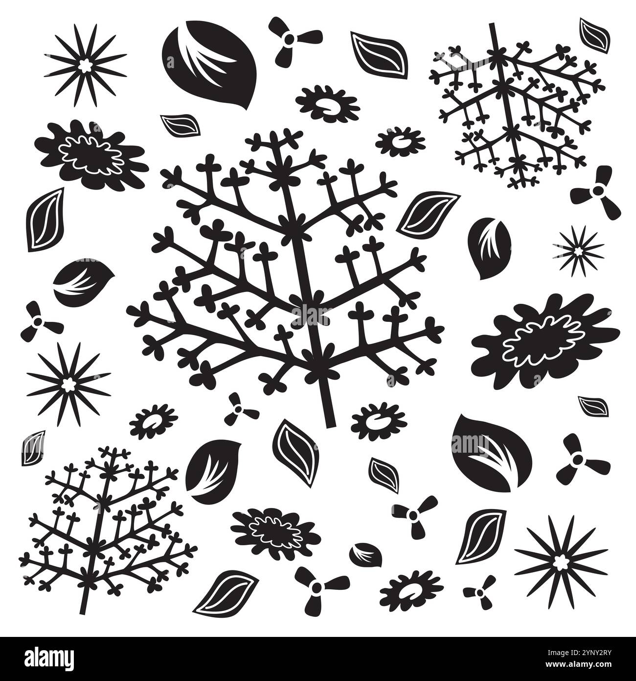 Feuilles fleurs et feuillage motif - illustration dessinée à la main - nature en été - vecteur de couleurs noir et blanc Illustration de Vecteur
