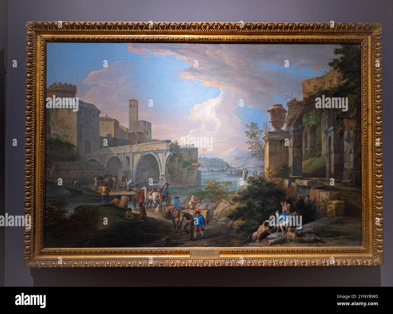 Peinture ¨Capriccio avec le Ponte Rotto¨ par Luca Carlevarijs dans le musée Pinacoteca di Brera, Milan, Italie. Banque D'Images