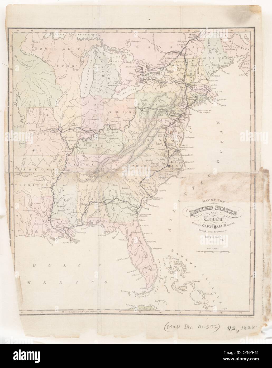 Carte des États-Unis et du Canada : Shewing Captn. La route de Hall à travers ces pays en 1827 et 1828 1829 par Hall, Basil, 1788-1844 Banque D'Images