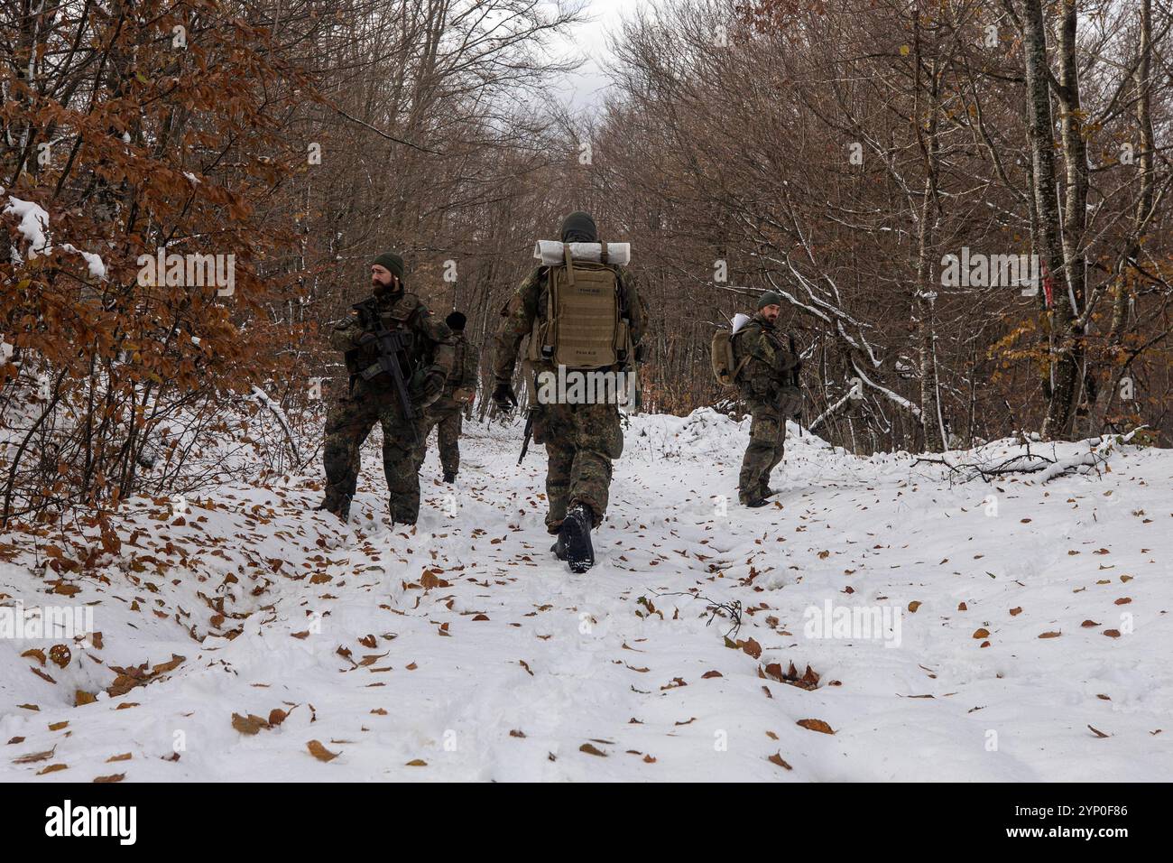 Les soldats de l'armée allemande affectés au commandement régional est de la Force du Kosovo effectuent une patrouille de routine le long de la ligne de démarcation administrative au Kosovo. La KFOR continue de s'acquitter de son mandat - fondé sur la résolution 1244 du Conseil de sécurité des Nations Unies de 1999 - qui consiste à contribuer à un environnement sûr et sûr pour toutes les personnes et communautés vivant au Kosovo et à la liberté de circulation, à tout moment et de manière impartiale. La KFOR est le troisième intervenant en matière de sécurité, après la police du Kosovo et la mission État de droit de l'UE (EULEX), respectivement, avec laquelle nous travaillons en étroite coordination. (Photo de la Garde nationale de l'armée américaine par le Sgt d'état-major. Banque D'Images