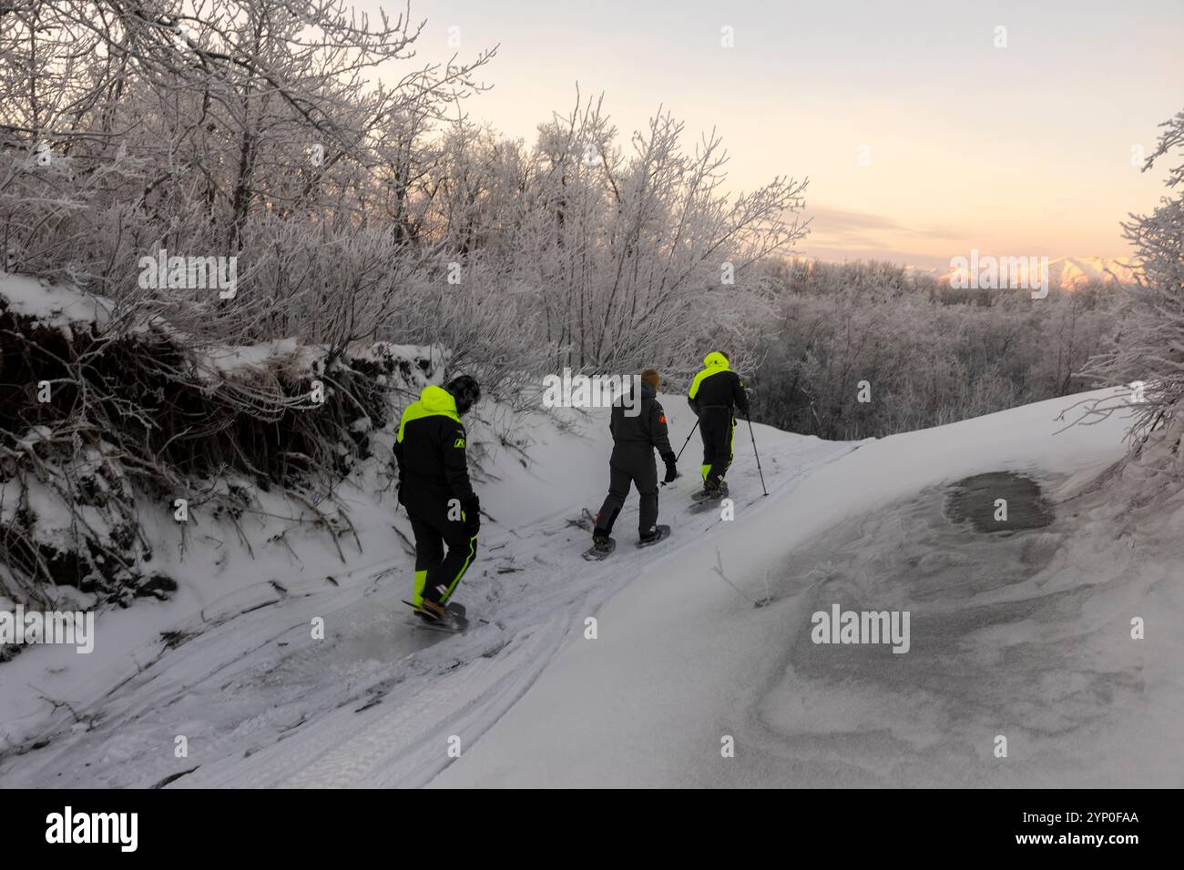 U.S. Marines avec détachement d Company, 4th Law Enforcement Battalion, Force Headquarters Group, Marine Forces Reserve, randonnée en raquettes, Jim Creek, Alaska, 19 novembre 2024. Les Marines ont fait de la randonnée en raquettes tout en menant une formation sur la sécurité par temps froid pour se préparer aux prochains événements Toys for Tots. La participation des Marines à cet entraînement les prépare à opérer dans des conditions météorologiques difficiles au-dessus du cercle arctique, en se familiarisant avec les techniques de survie, l’exploitation de motoneige et les tâches quotidiennes qu’ils effectueront pendant la mission Toys for Tots. (Photo du corps des Marines des États-Unis par le sergent Ethan Banque D'Images