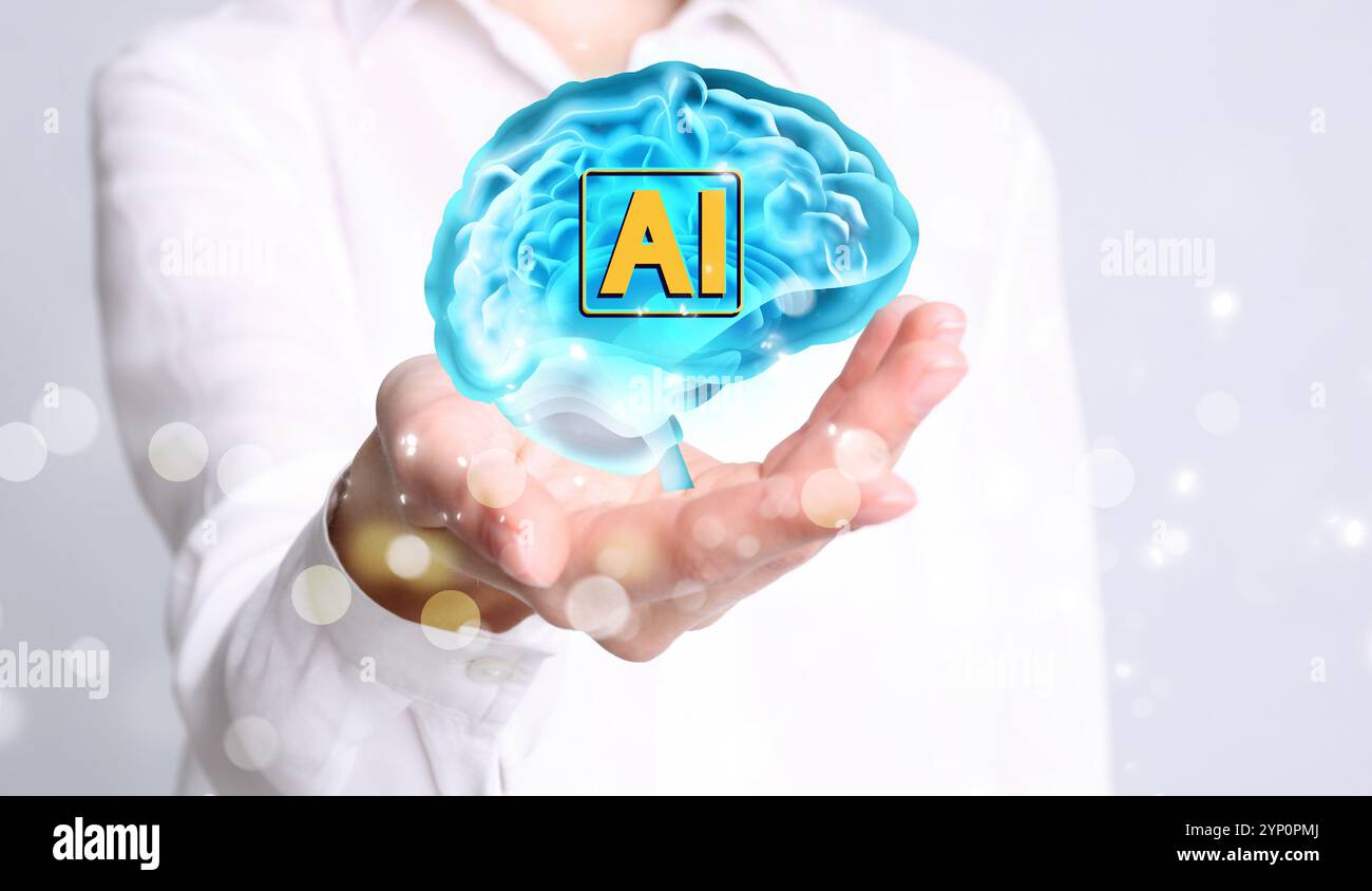 Intelligence artificielle. Femme tenant le cerveau virtuel avec l'abréviation ai sur fond blanc, gros plan. Conception de bannière Banque D'Images