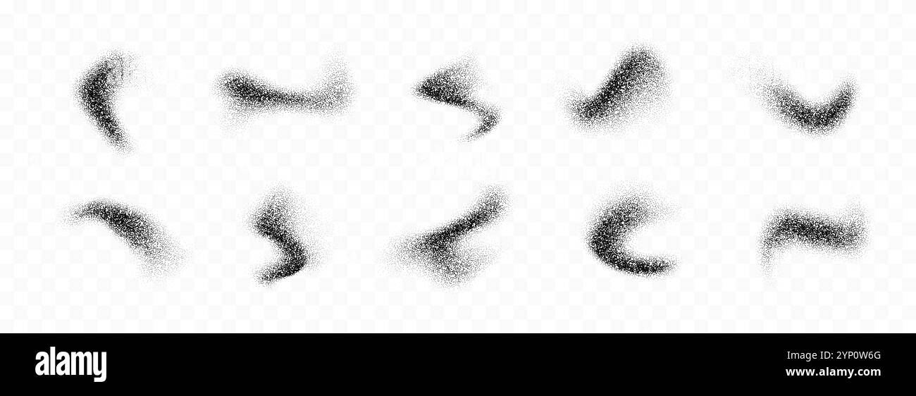 Collection éclaboussures de poudre noire. Ensemble de texture de pulvérisation de grain grunge. Paquet de taches de brosse incurvées à pointillés et bavures. Faisceau de recouvrement par éclaboussures de bruit de sable. Formes abstraites de gradient de grain fluide en pointillés. Vecteur Illustration de Vecteur