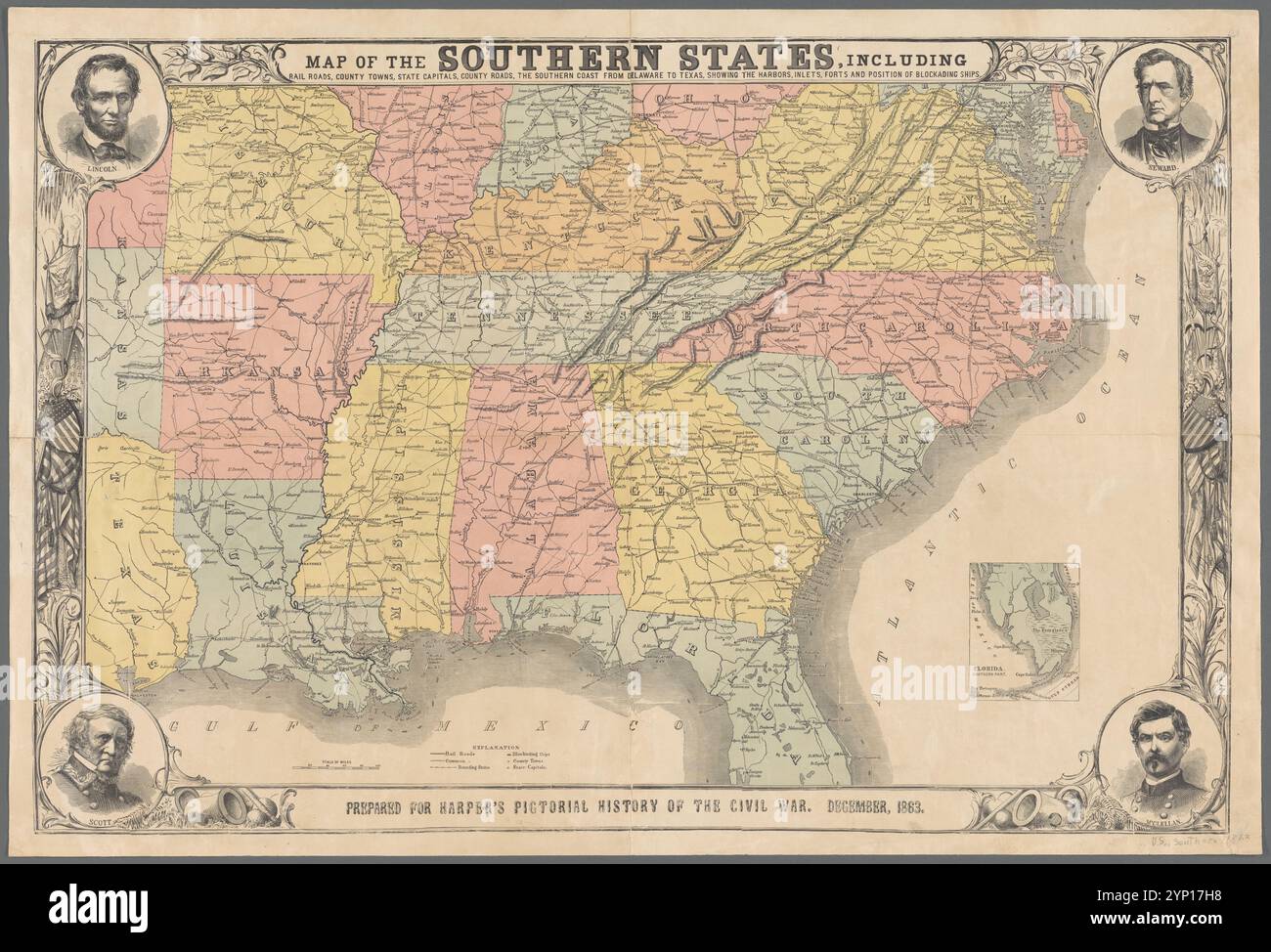 Carte des États du Sud, y compris les routes ferroviaires, les villes de comté, les capitales d'État, les routes de comté, la côte sud du Delaware au Texas, montrant les ports, les bras de mer, les forts et la position des navires de blocus 1863 Banque D'Images